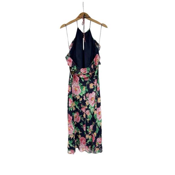 Lauren Ralph Lauren Navy Blue Floral 100% Silk Ruffle Halter Maxi Dress Women 10 - Picture 3 of 7
